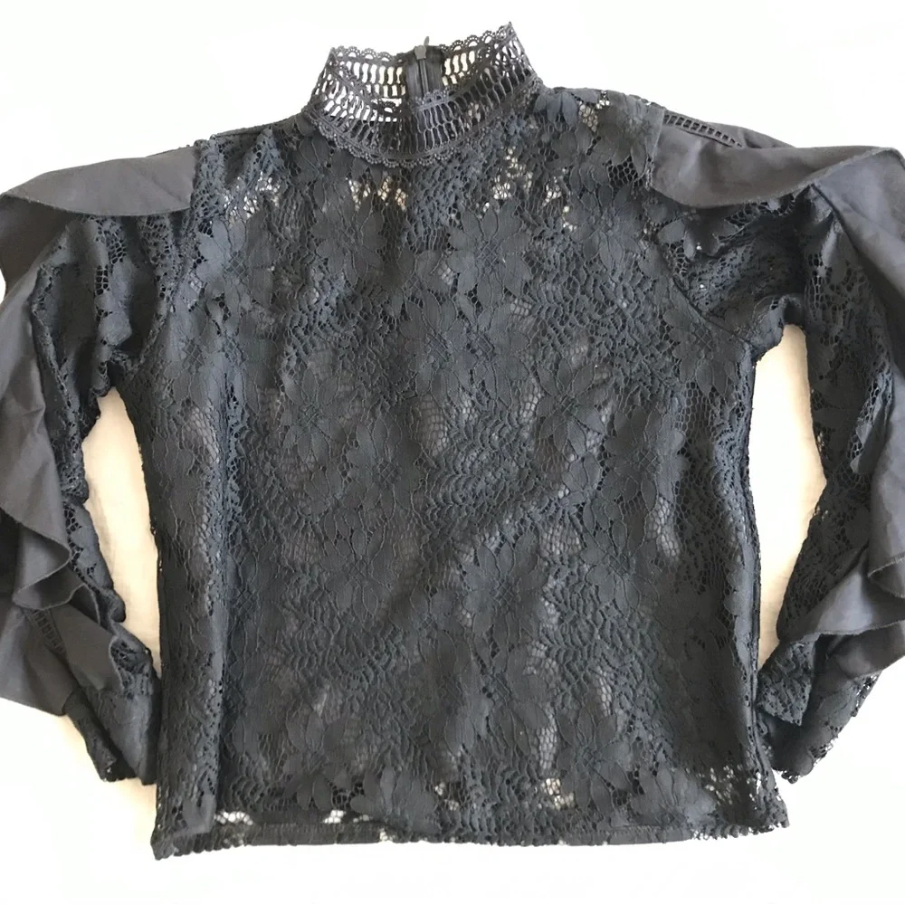 Beautiful Black Lace Top with Ruffle Sleeves By SHIRELY Size Medium - Picture 4 of 16
